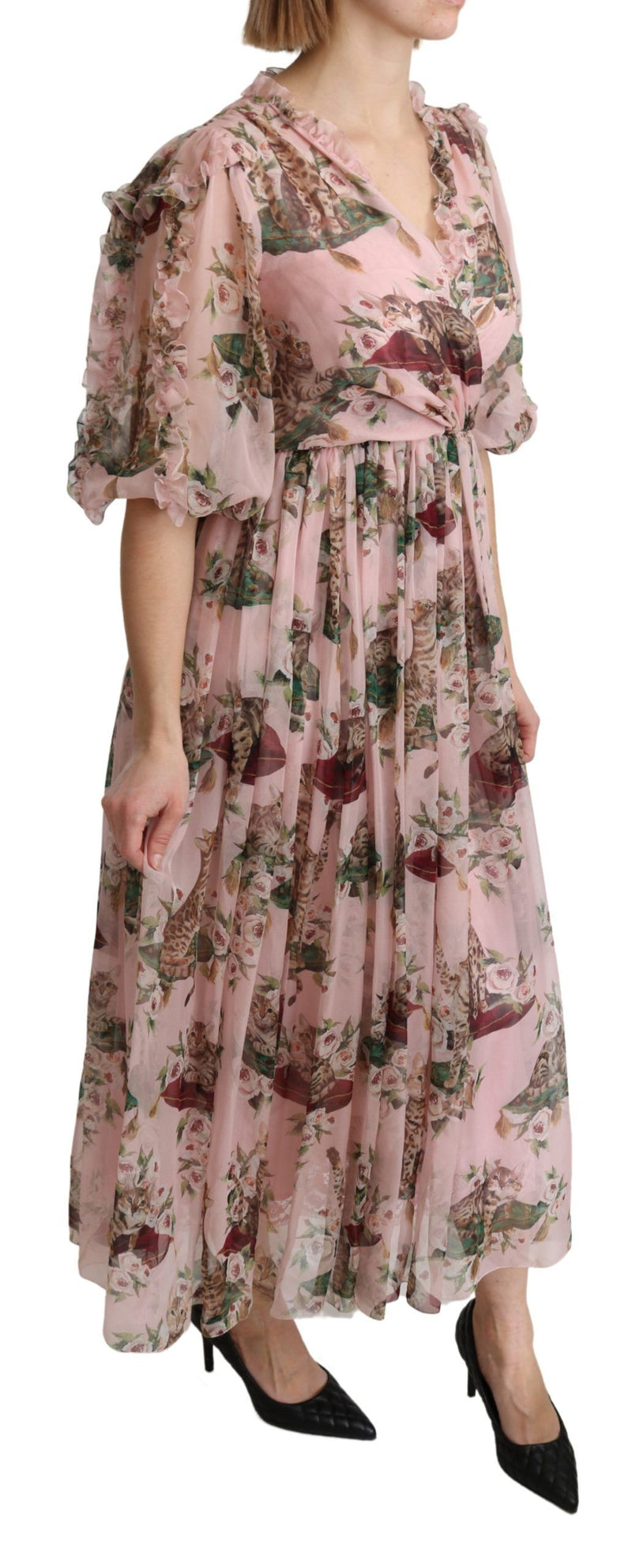Robe maxi trapèze en soie rose à imprimé chat bengale de Dolce &amp; Gabbana