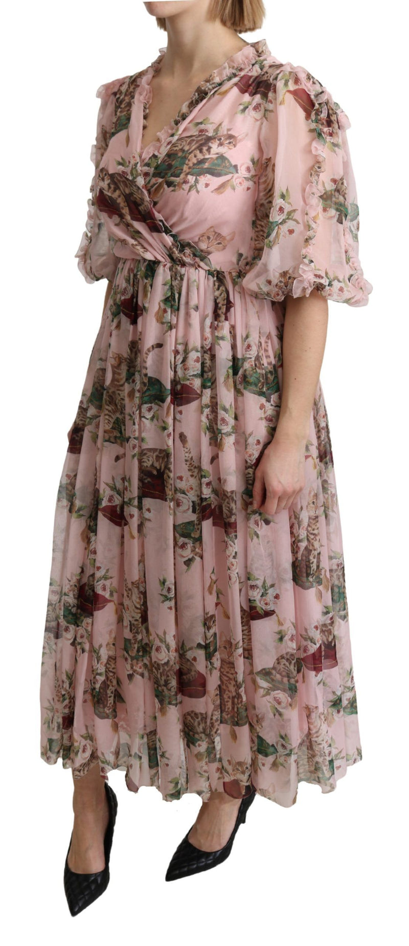 Robe maxi trapèze en soie rose à imprimé chat bengale de Dolce &amp; Gabbana