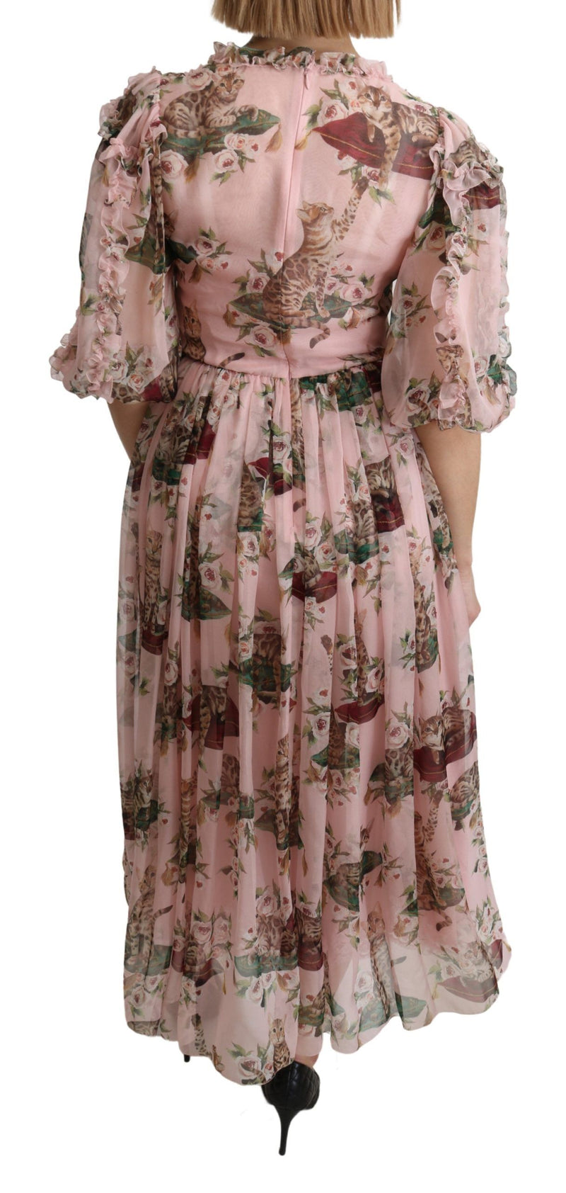 Robe maxi trapèze en soie rose à imprimé chat bengale de Dolce &amp; Gabbana