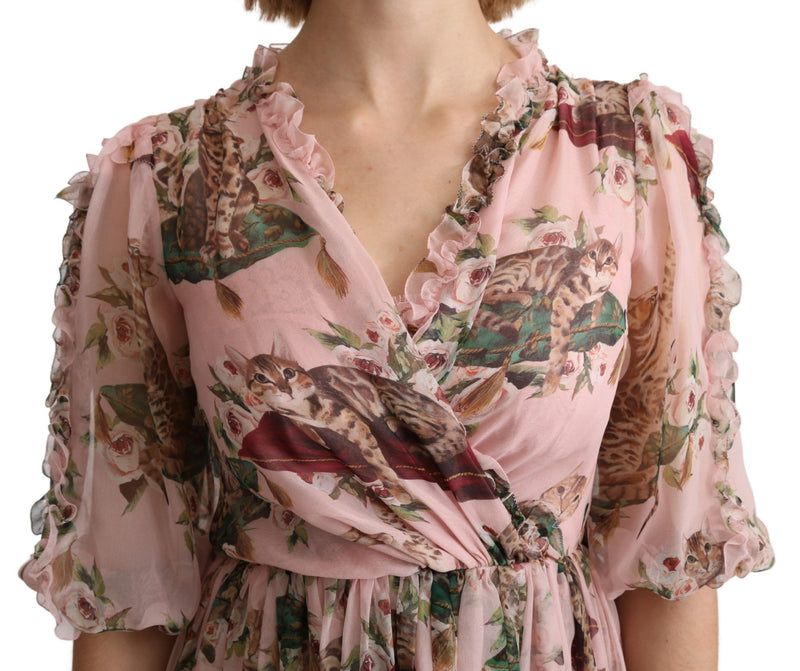 Robe maxi trapèze en soie rose à imprimé chat bengale de Dolce &amp; Gabbana