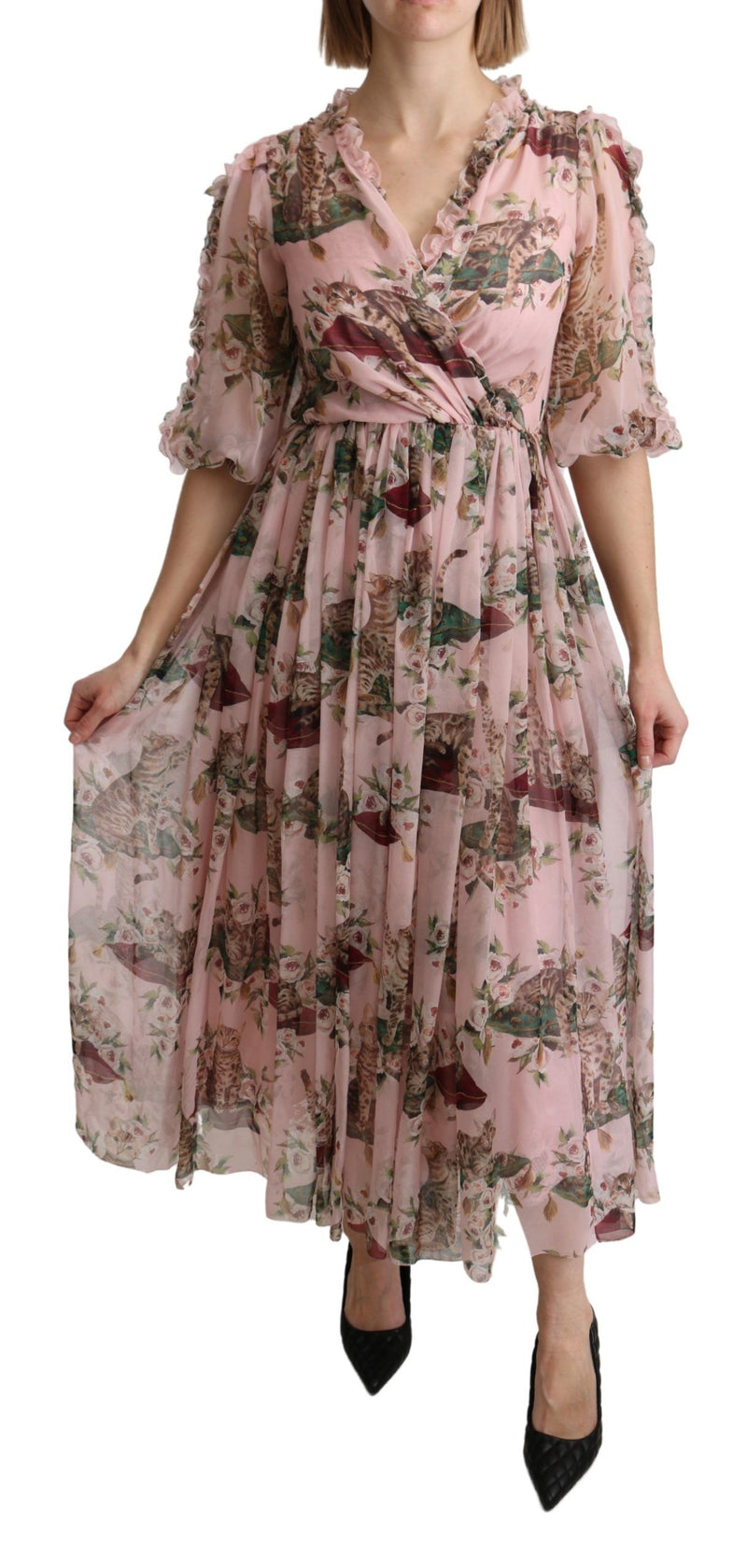 Robe maxi trapèze en soie rose à imprimé chat bengale de Dolce &amp; Gabbana