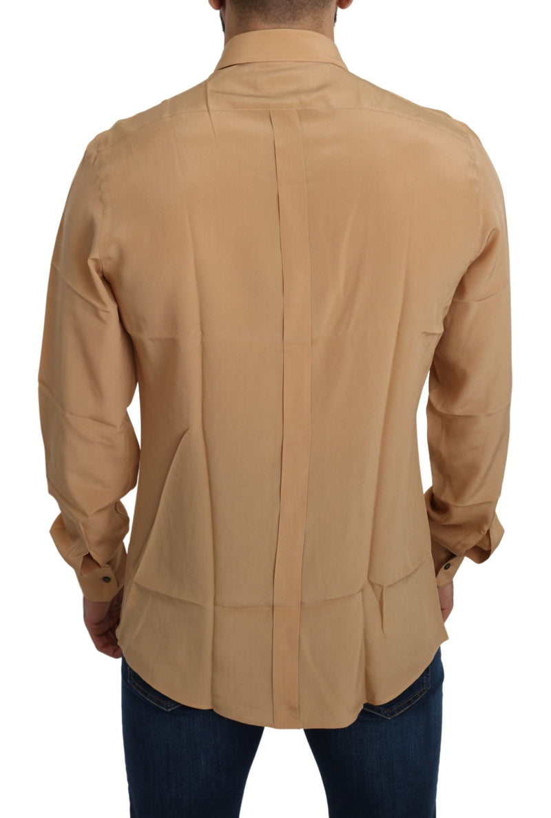 Chemise à manches courtes dorée en soie 100% jaune de Dolce &amp; Gabbana, coupe slim.