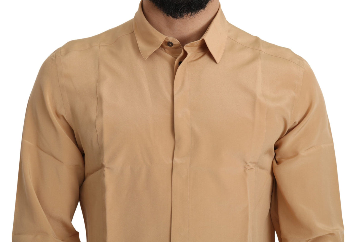 Chemise à manches courtes dorée en soie 100% jaune de Dolce &amp; Gabbana, coupe slim.