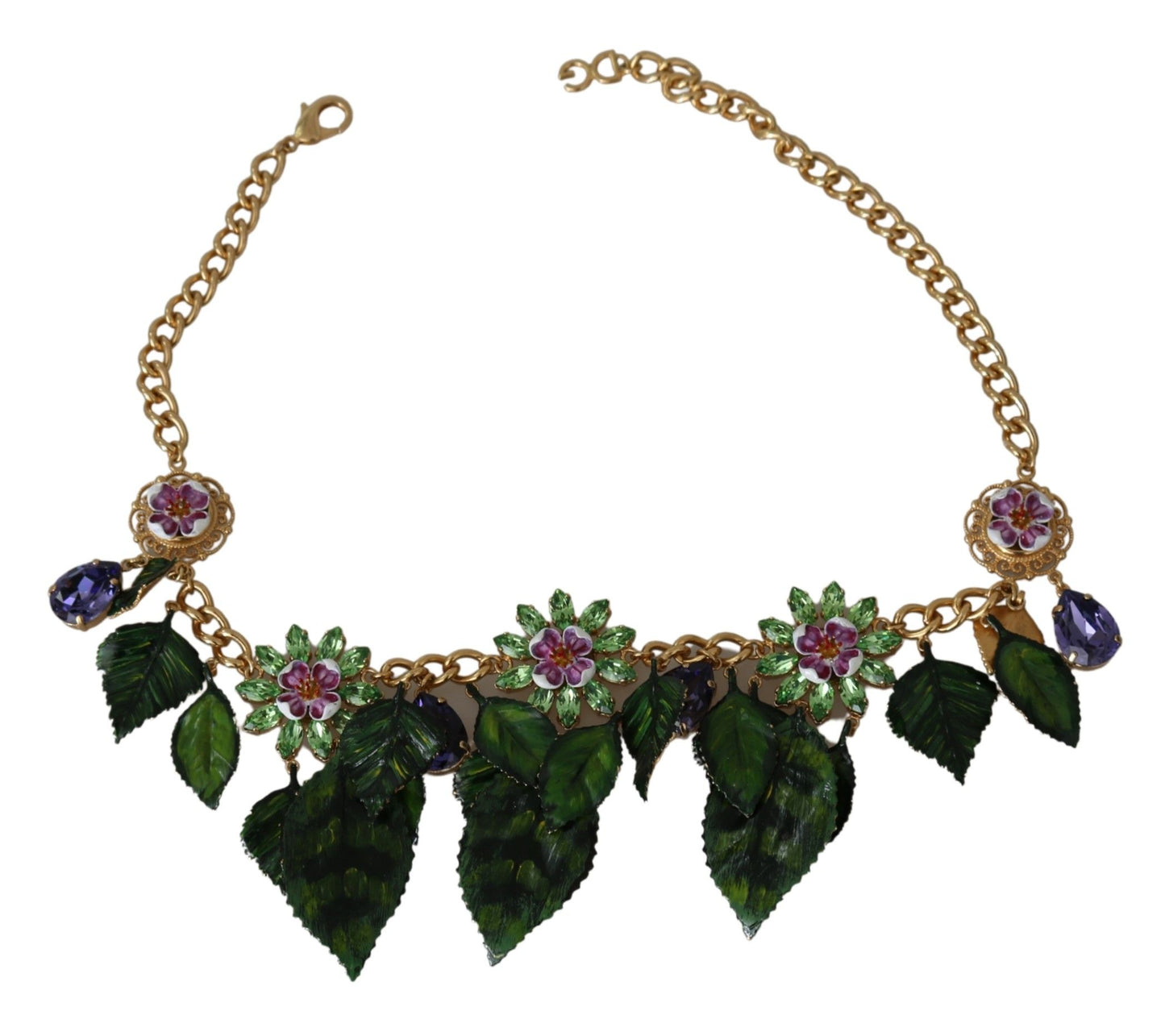 Dolce & Gabbana Groene Bladeren Gouden Messing Kristallen Bloem Hanger Ketting