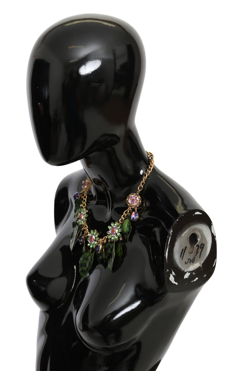 Collier Dolce &amp; Gabbana avec pendentif en forme de fleur en cristal et laiton doré à feuilles vertes
