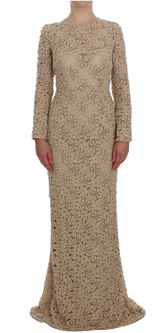 Dolce & Gabbana beige bloemenkant maxi-jurk met slanke pasvorm