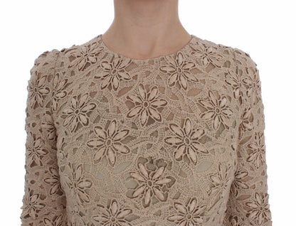 Robe maxi moulante en dentelle beige à motifs floraux de Dolce & Gabbana