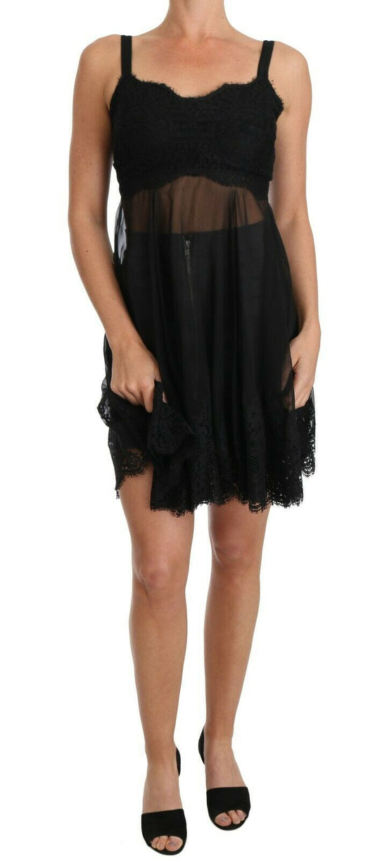 Dolce & Gabbana Zwarte Zijden Kantjurk Chemise Lingerie