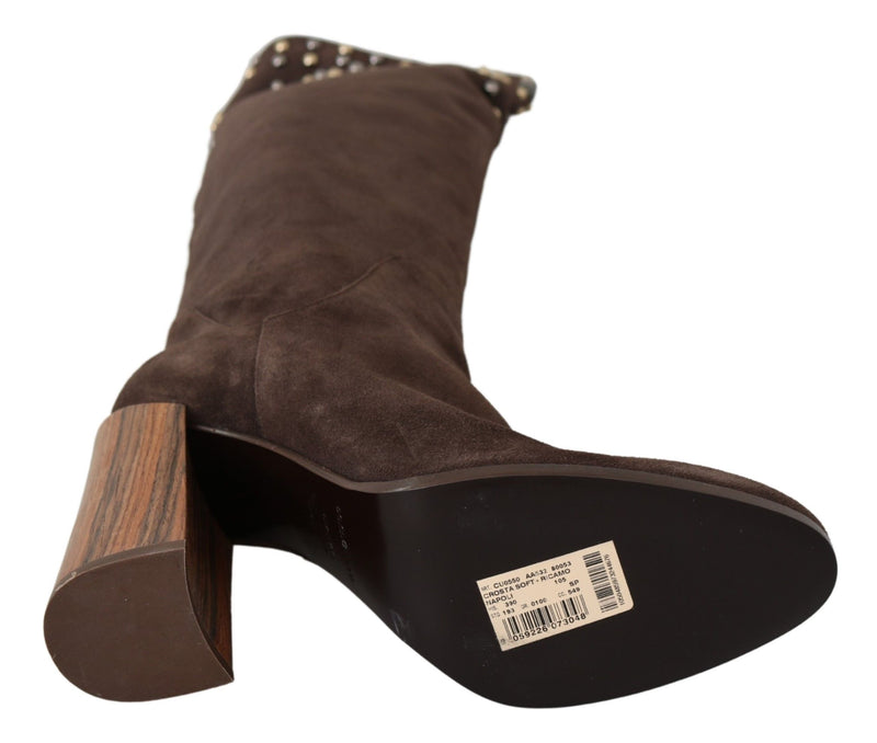 Bottines hautes au genou en daim marron à clous de Dolce &amp; Gabbana