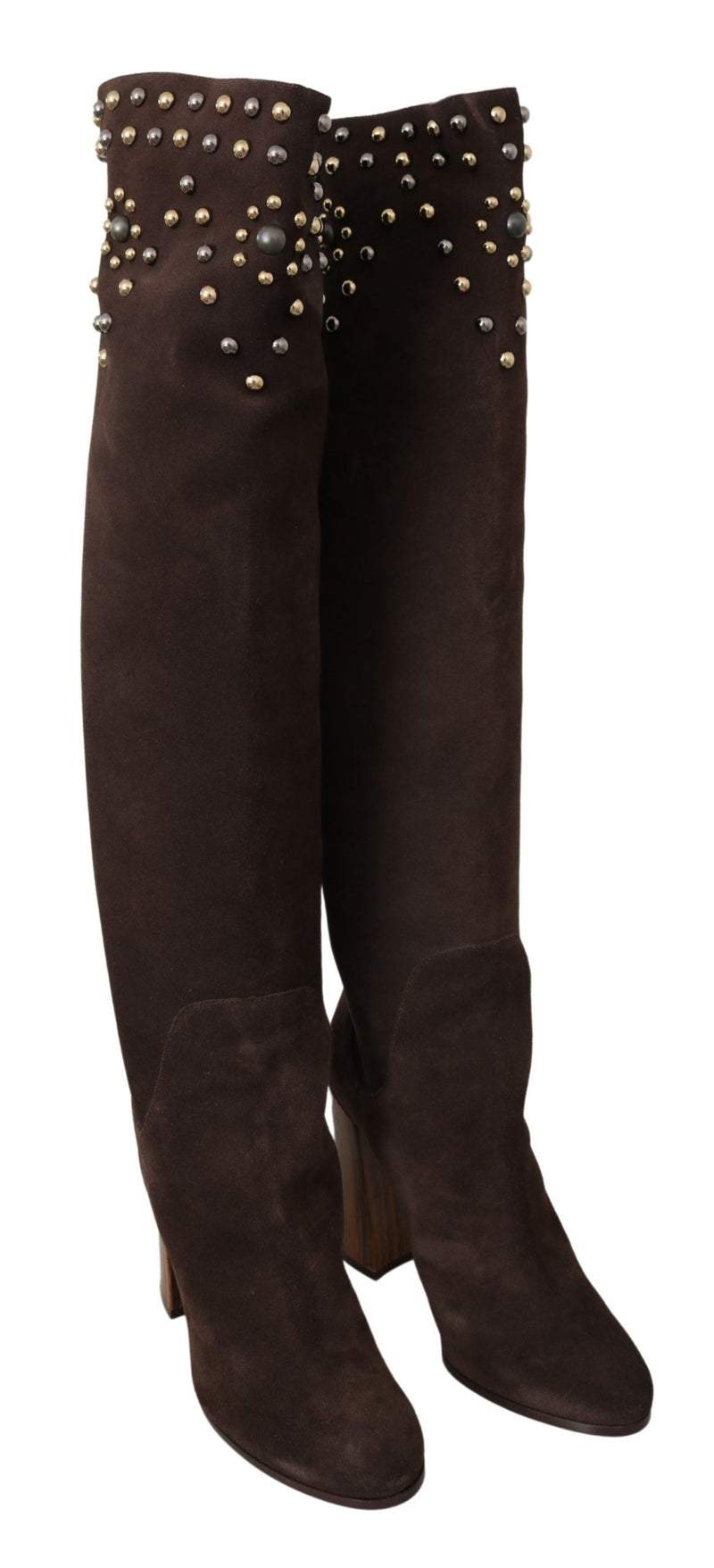 Bottines hautes au genou en daim marron à clous de Dolce &amp; Gabbana
