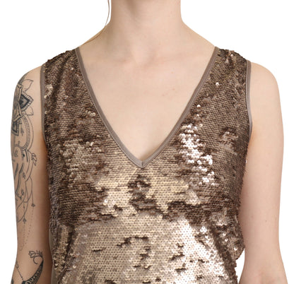 Liu Jo Robe mini moulante sans manches, col en V, pailletée, marron