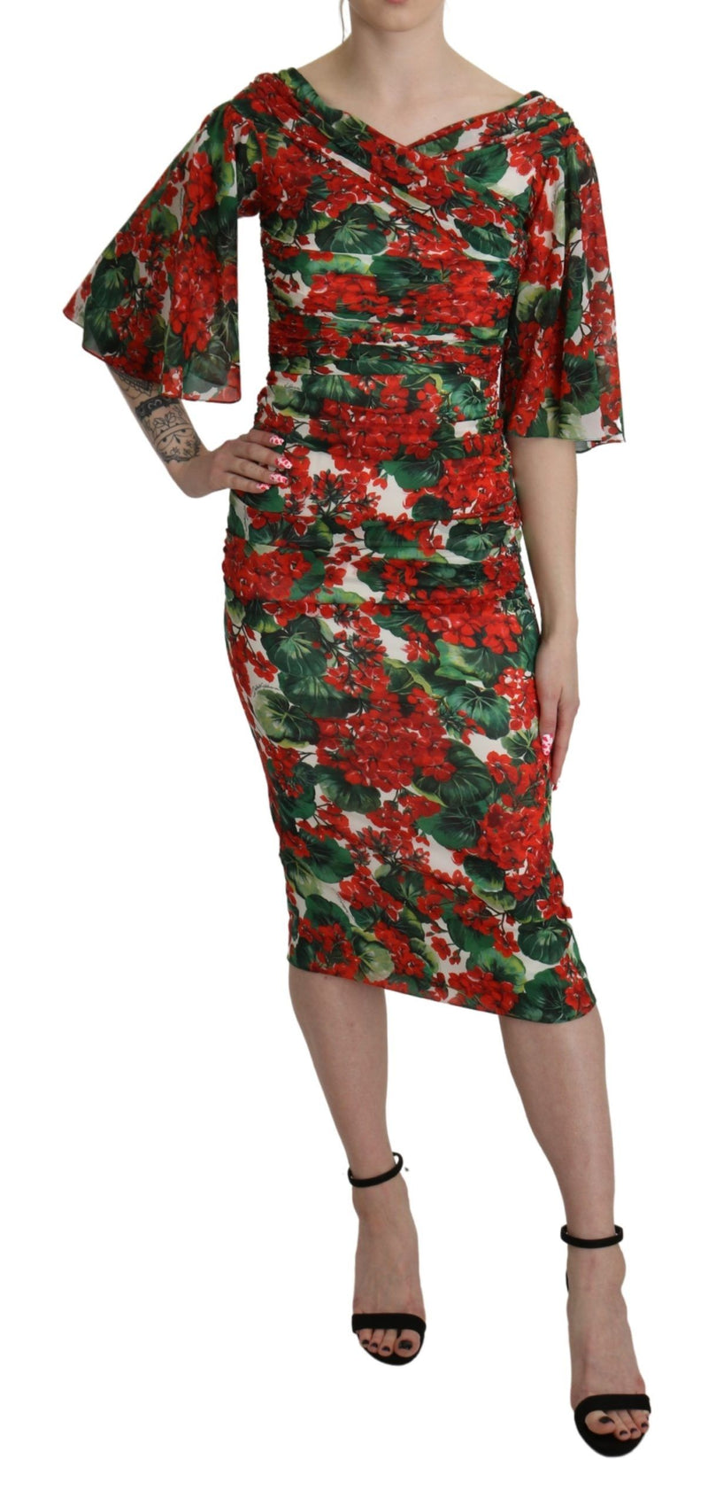 Robe midi en soie extensible à imprimé floral rouge de Dolce &amp; Gabbana