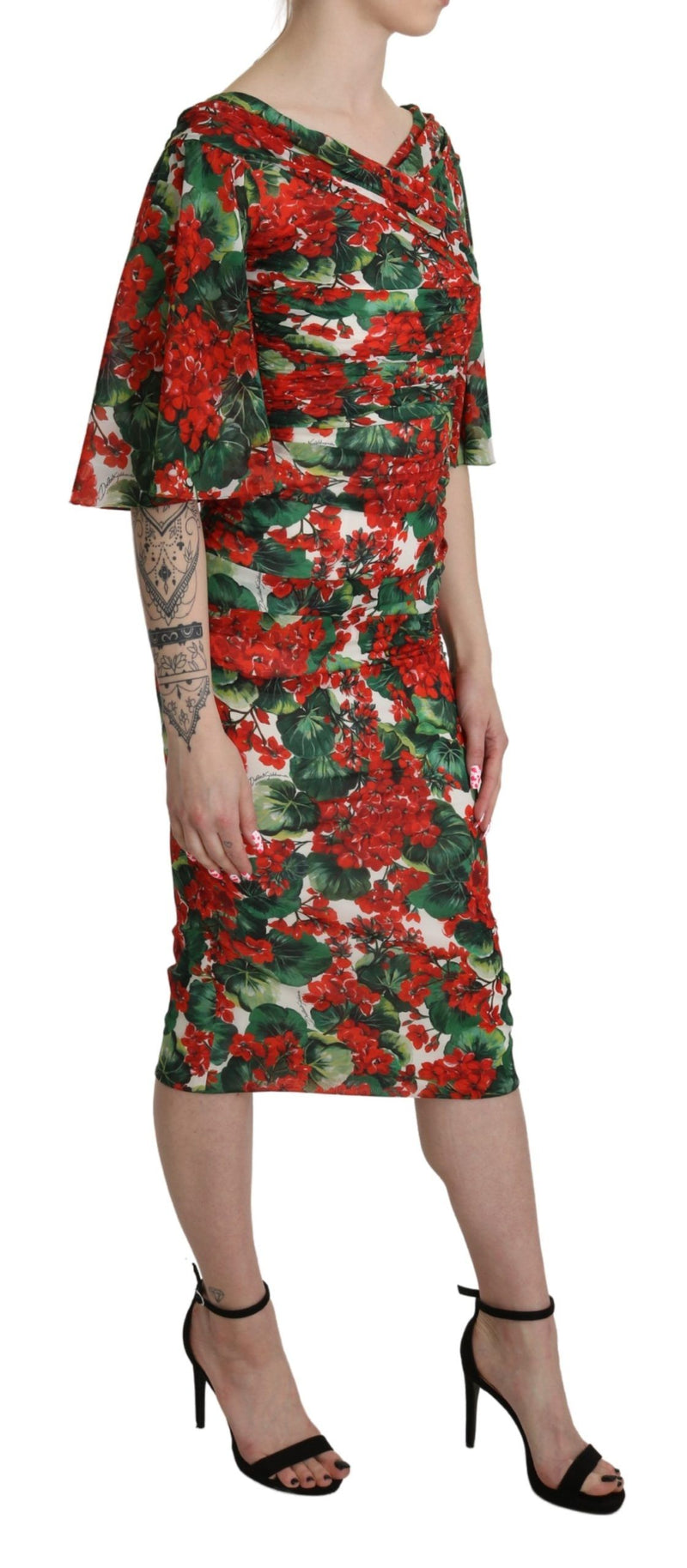 Robe midi en soie extensible à imprimé floral rouge de Dolce &amp; Gabbana