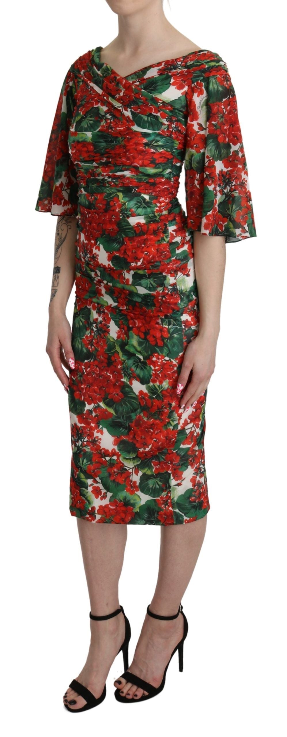 Robe midi en soie extensible à imprimé floral rouge de Dolce &amp; Gabbana