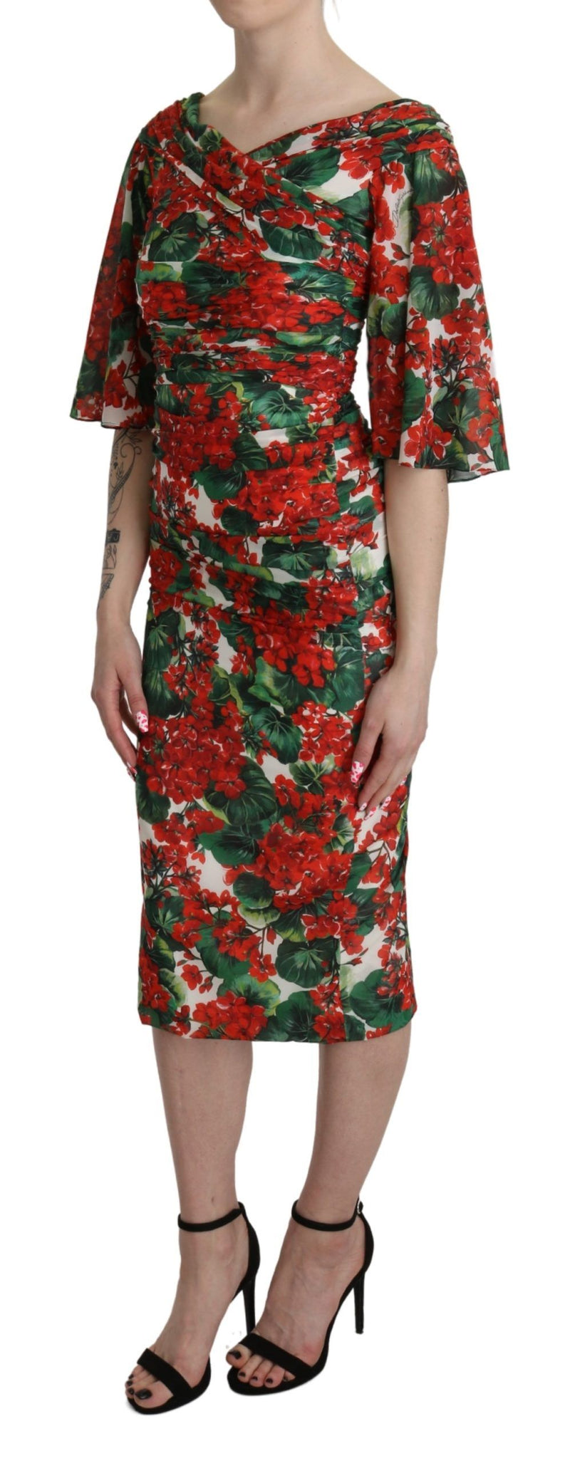Robe midi en soie extensible à imprimé floral rouge de Dolce &amp; Gabbana