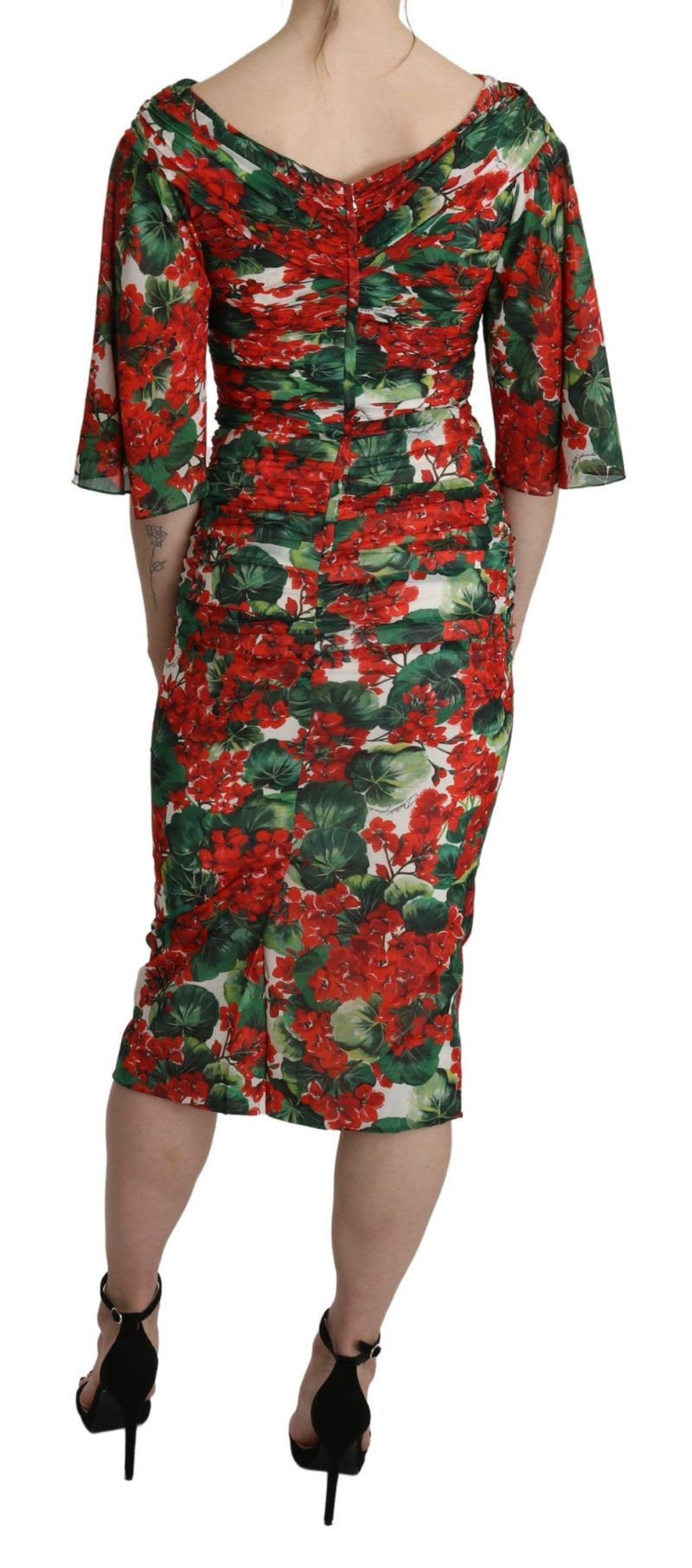 Robe midi en soie extensible à imprimé floral rouge de Dolce &amp; Gabbana