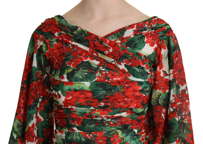 Robe midi en soie extensible à imprimé floral rouge de Dolce &amp; Gabbana