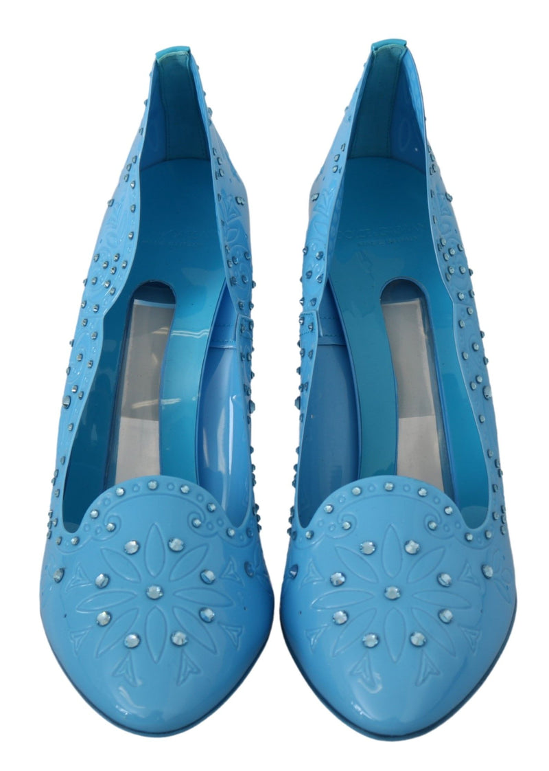 Escarpins CINDERELLA Dolce &amp; Gabbana en bleu, ornés de cristaux et de fleurs.
