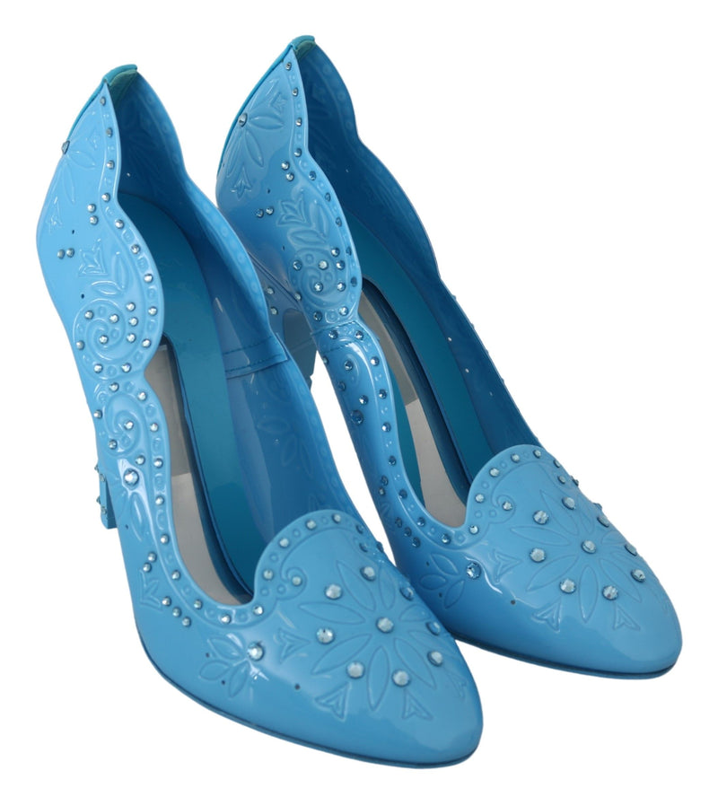 Escarpins CINDERELLA Dolce &amp; Gabbana en bleu, ornés de cristaux et de fleurs.