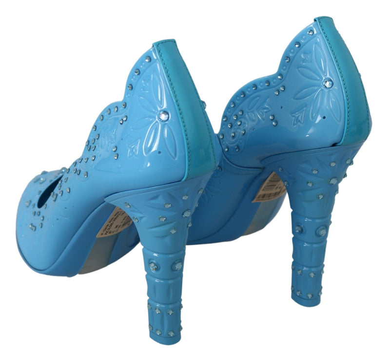 Escarpins CINDERELLA Dolce &amp; Gabbana en bleu, ornés de cristaux et de fleurs.