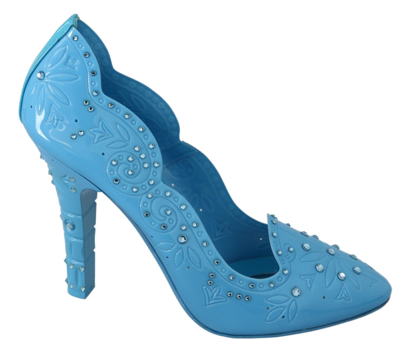 Escarpins CINDERELLA Dolce &amp; Gabbana en bleu, ornés de cristaux et de fleurs.