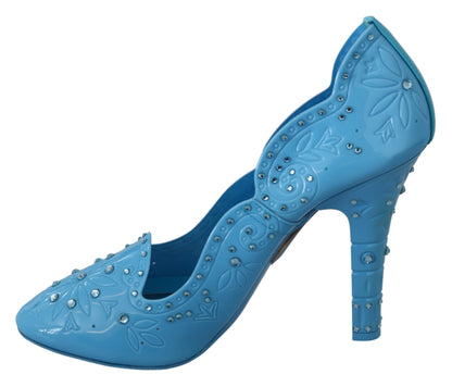 Escarpins CINDERELLA Dolce & Gabbana en bleu, ornés de cristaux et de fleurs.