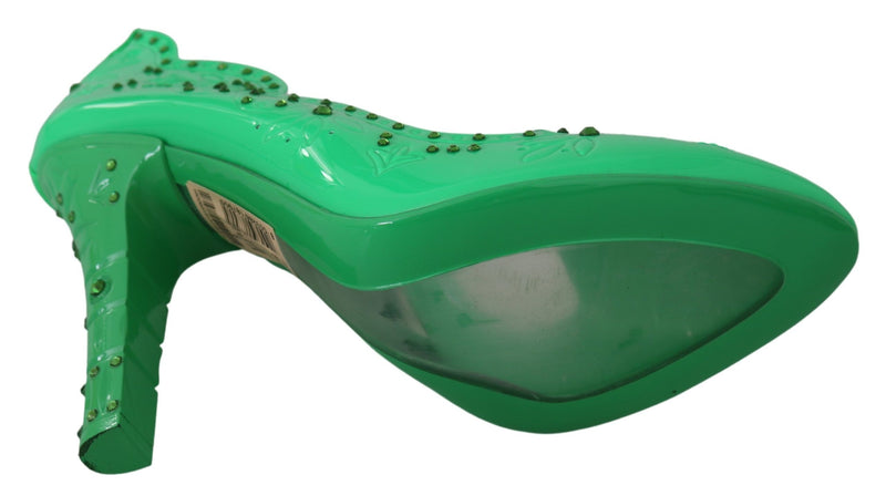 Escarpins CINDERELLA Dolce &amp; Gabbana en satin vert brodé de cristaux et de fleurs.