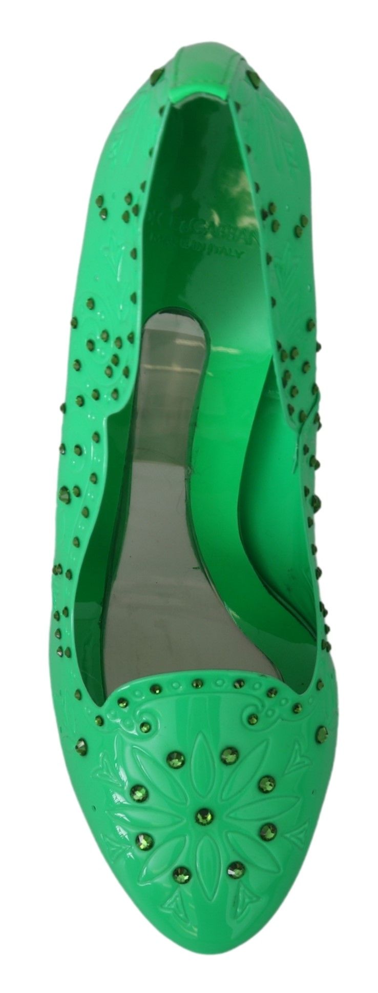 Escarpins CINDERELLA Dolce &amp; Gabbana en satin vert brodé de cristaux et de fleurs.