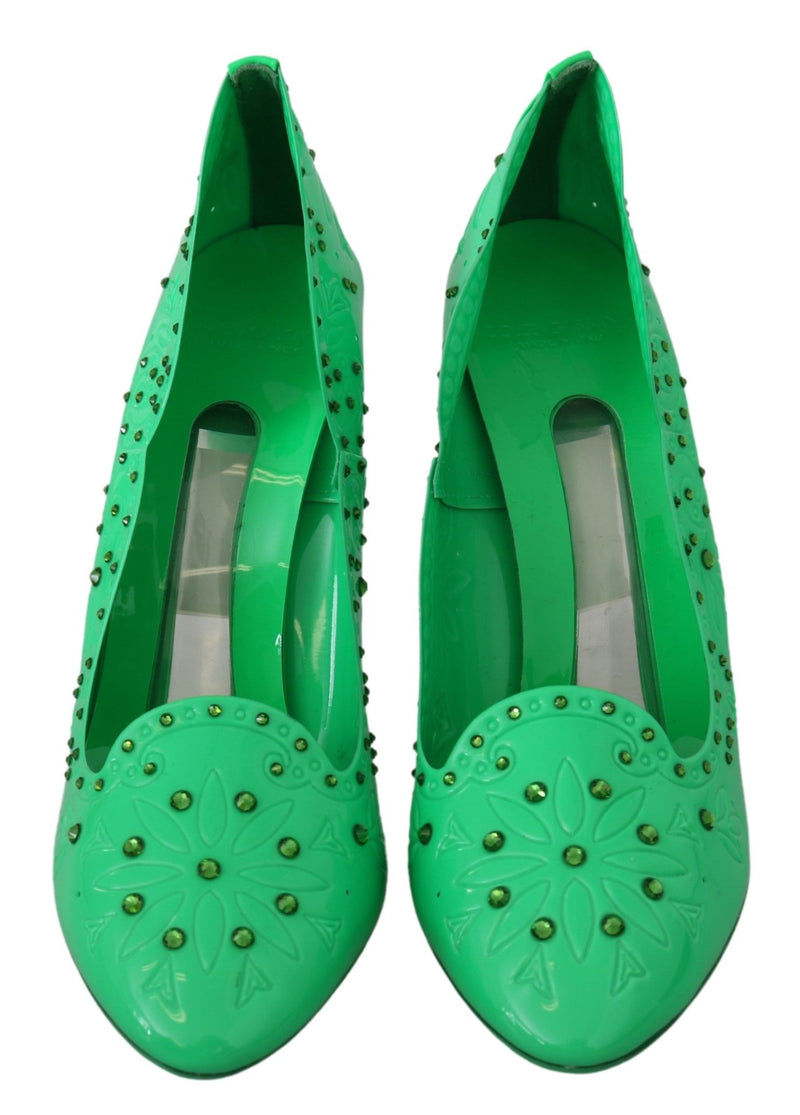 Escarpins CINDERELLA Dolce &amp; Gabbana en satin vert brodé de cristaux et de fleurs.