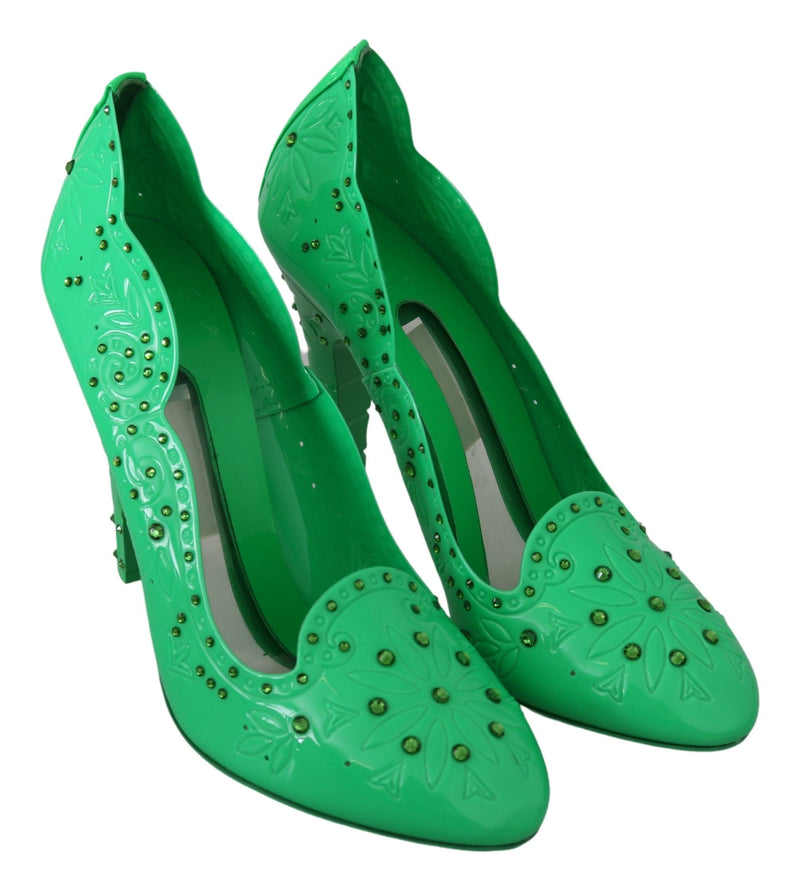 Escarpins CINDERELLA Dolce &amp; Gabbana en satin vert brodé de cristaux et de fleurs.