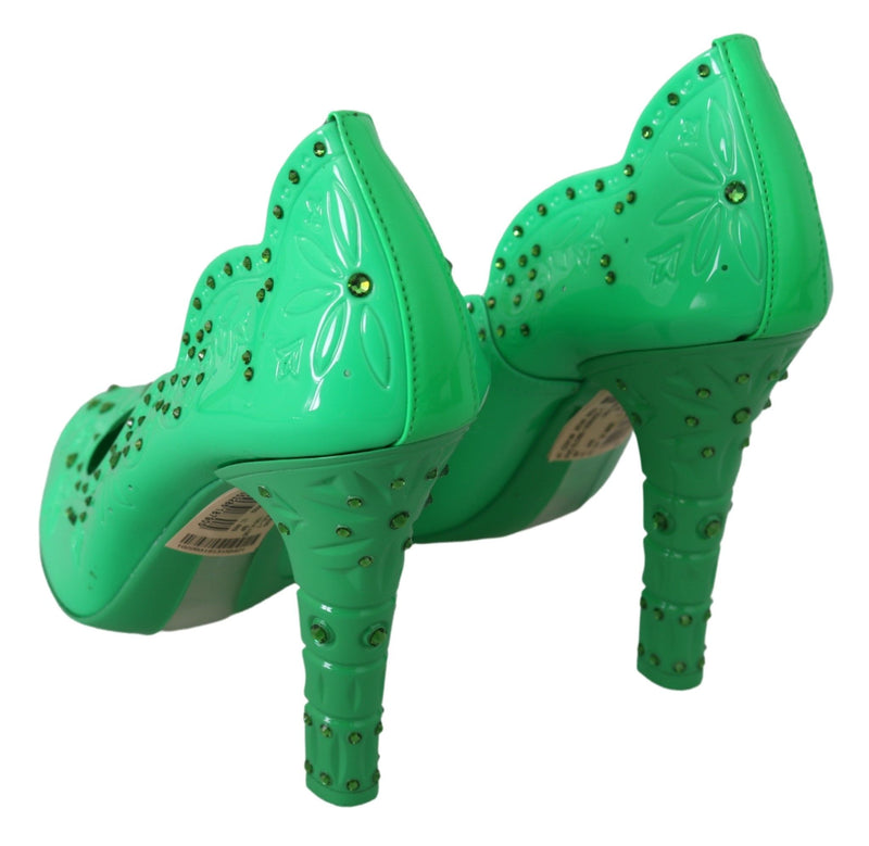 Escarpins CINDERELLA Dolce &amp; Gabbana en satin vert brodé de cristaux et de fleurs.