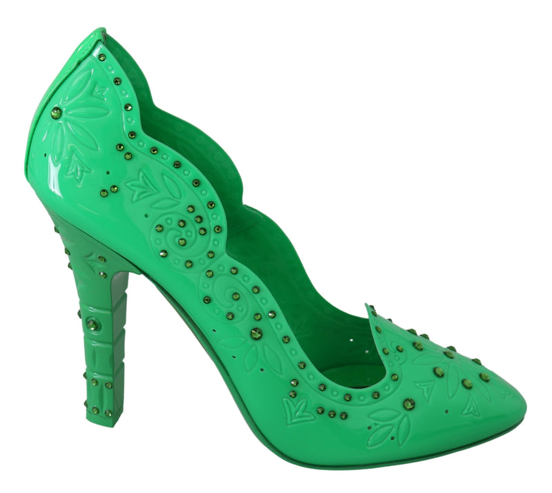 Escarpins CINDERELLA Dolce &amp; Gabbana en satin vert brodé de cristaux et de fleurs.