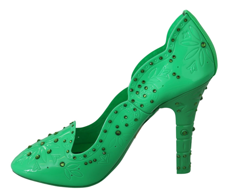 Escarpins CINDERELLA Dolce &amp; Gabbana en satin vert brodé de cristaux et de fleurs.