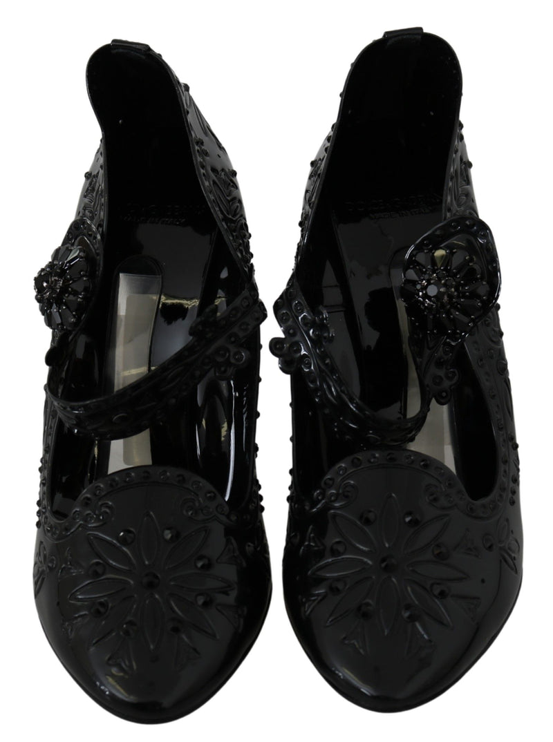 Escarpins CINDERELLA Dolce &amp; Gabbana en noir, ornés de cristaux et de motifs floraux.