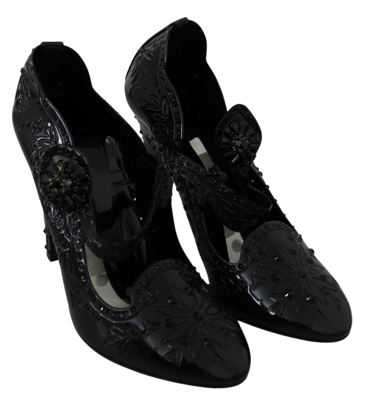 Escarpins CINDERELLA Dolce &amp; Gabbana en noir, ornés de cristaux et de motifs floraux.