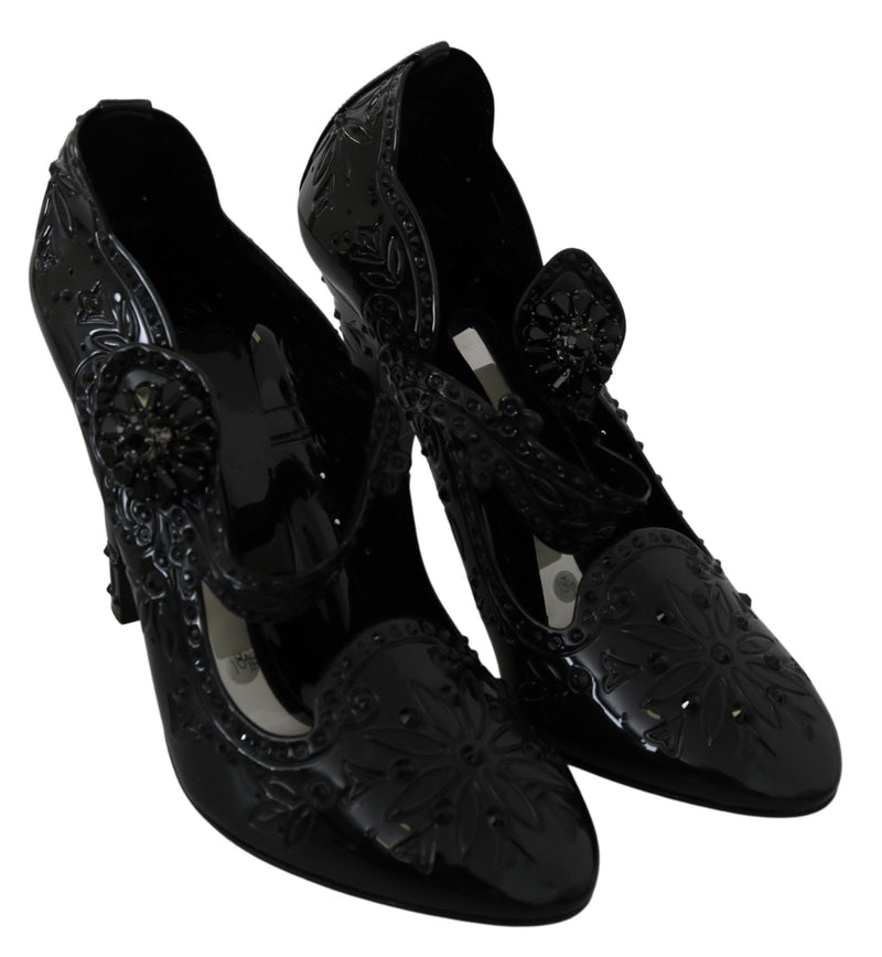 Escarpins CINDERELLA Dolce &amp; Gabbana en noir, ornés de cristaux et de motifs floraux.