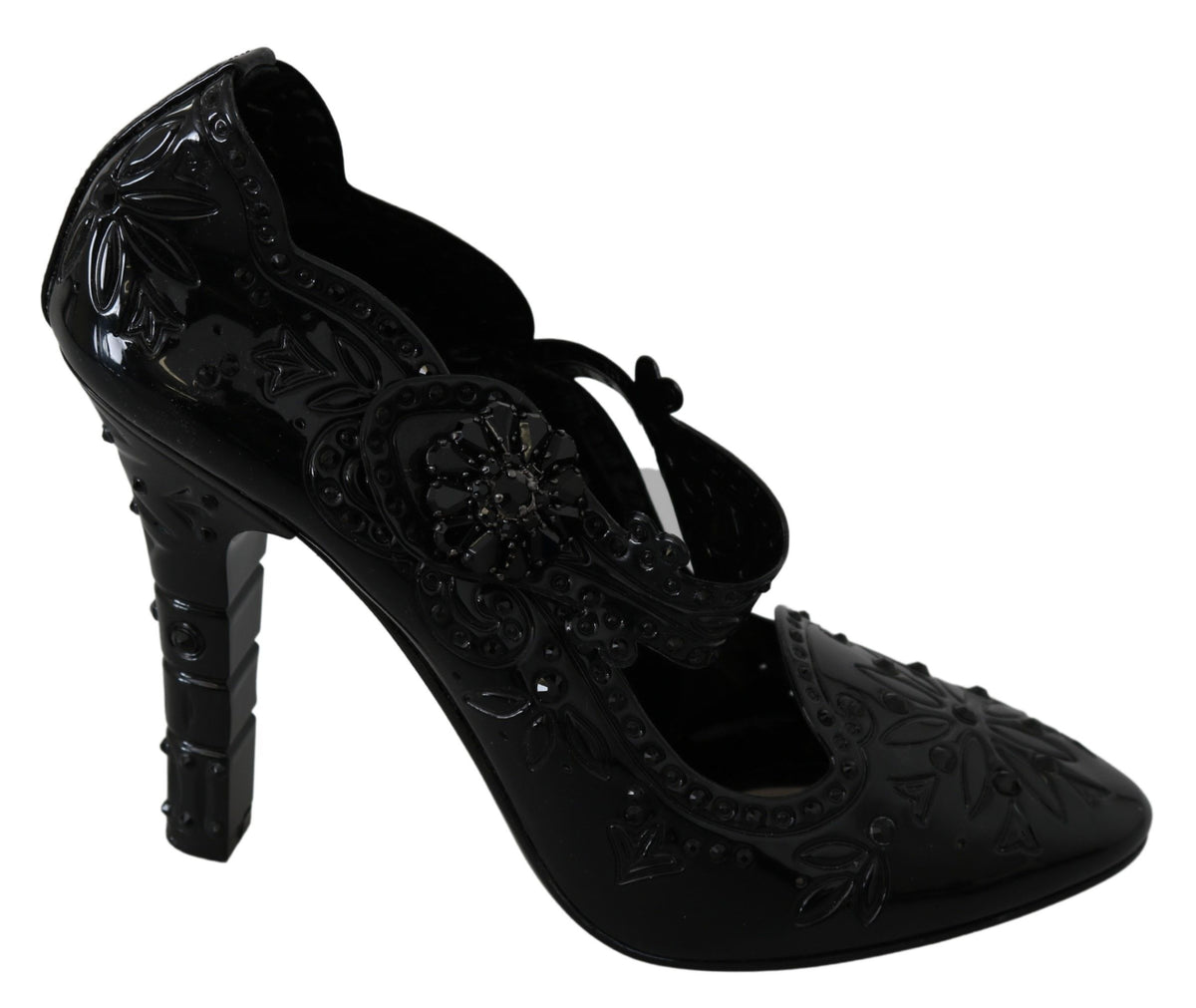 Escarpins CINDERELLA Dolce &amp; Gabbana en noir, ornés de cristaux et de motifs floraux.