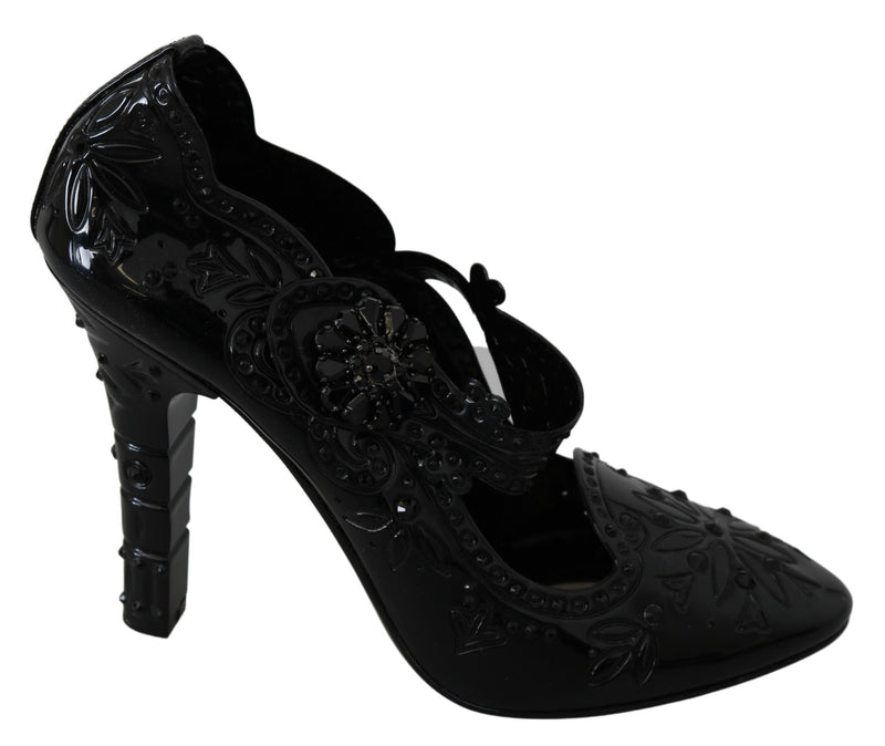 Escarpins CINDERELLA Dolce &amp; Gabbana en noir, ornés de cristaux et de motifs floraux.