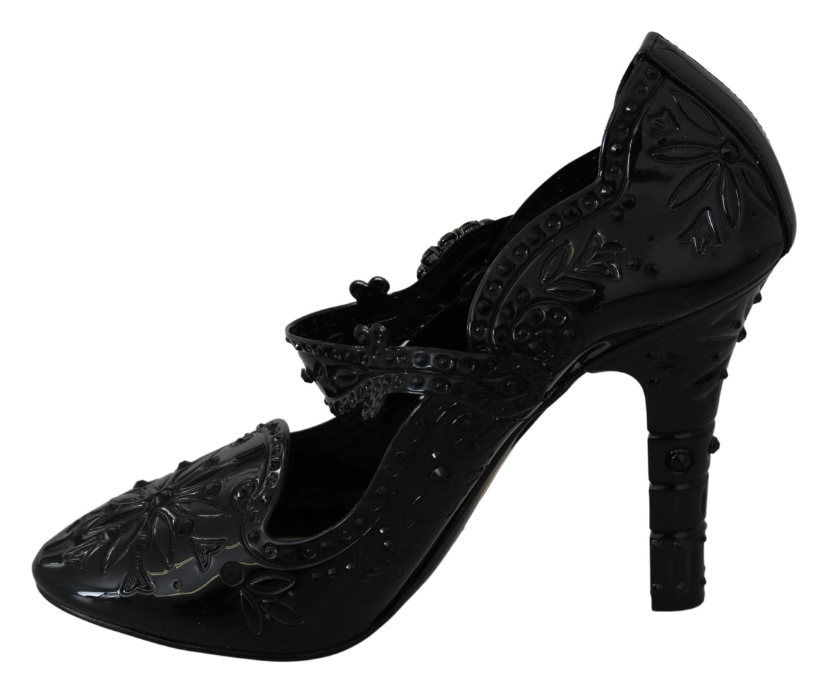 Escarpins CINDERELLA Dolce &amp; Gabbana en noir, ornés de cristaux et de motifs floraux.