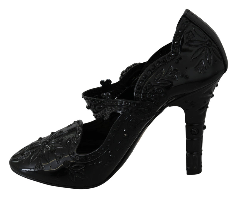 Escarpins CINDERELLA Dolce &amp; Gabbana en noir, ornés de cristaux et de motifs floraux.