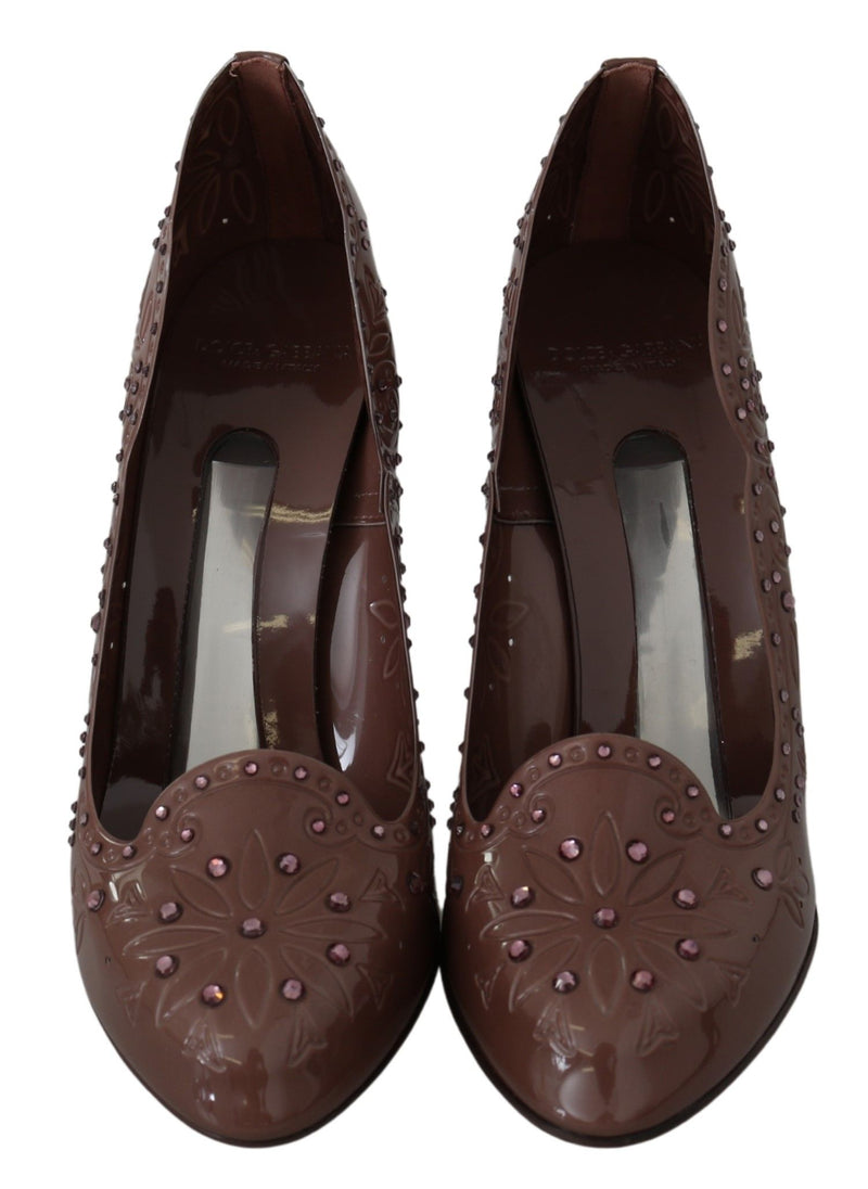 Escarpins CINDERELLA en cuir marron à fleurs et cristaux de Dolce &amp; Gabbana