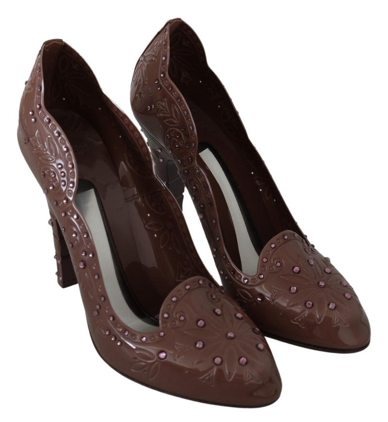 Escarpins CINDERELLA en cuir marron à fleurs et cristaux de Dolce &amp; Gabbana