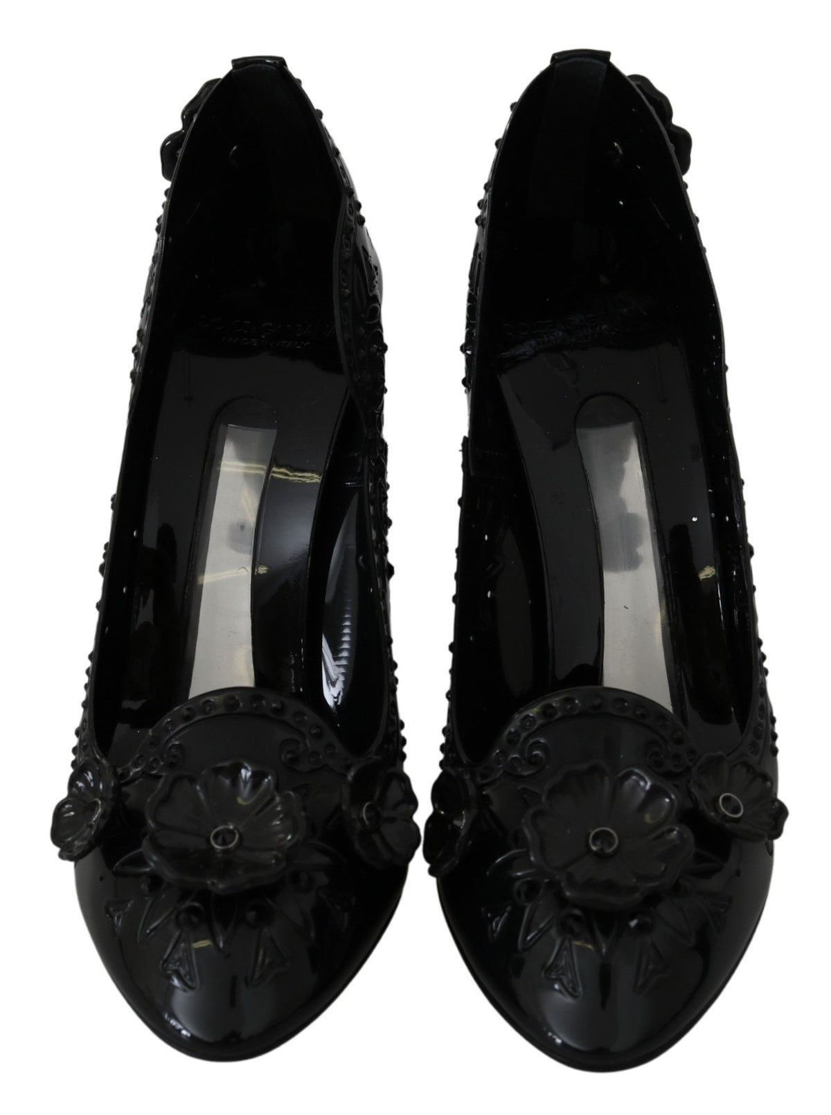 Escarpins CINDERELLA Dolce &amp; Gabbana en noir, ornés de cristaux et de motifs floraux.