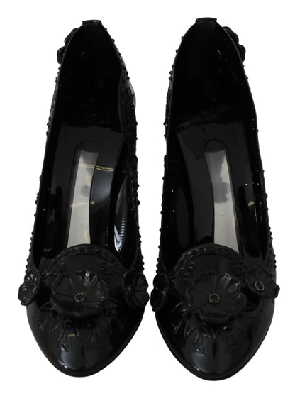 Escarpins CINDERELLA Dolce & Gabbana en noir, ornés de cristaux et de motifs floraux.
