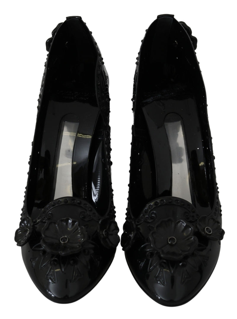 Escarpins CINDERELLA Dolce &amp; Gabbana en noir, ornés de cristaux et de motifs floraux.