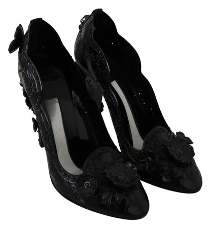 Escarpins CINDERELLA Dolce & Gabbana en noir, ornés de cristaux et de motifs floraux.