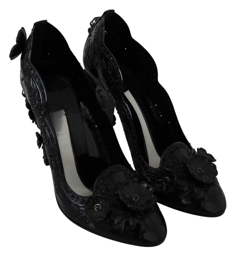 Escarpins CINDERELLA Dolce &amp; Gabbana en noir, ornés de cristaux et de motifs floraux.