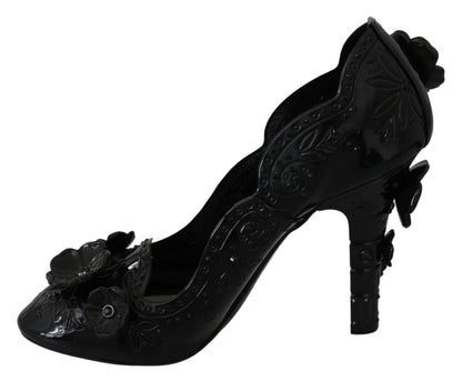 Escarpins CINDERELLA Dolce & Gabbana en noir, ornés de cristaux et de motifs floraux.