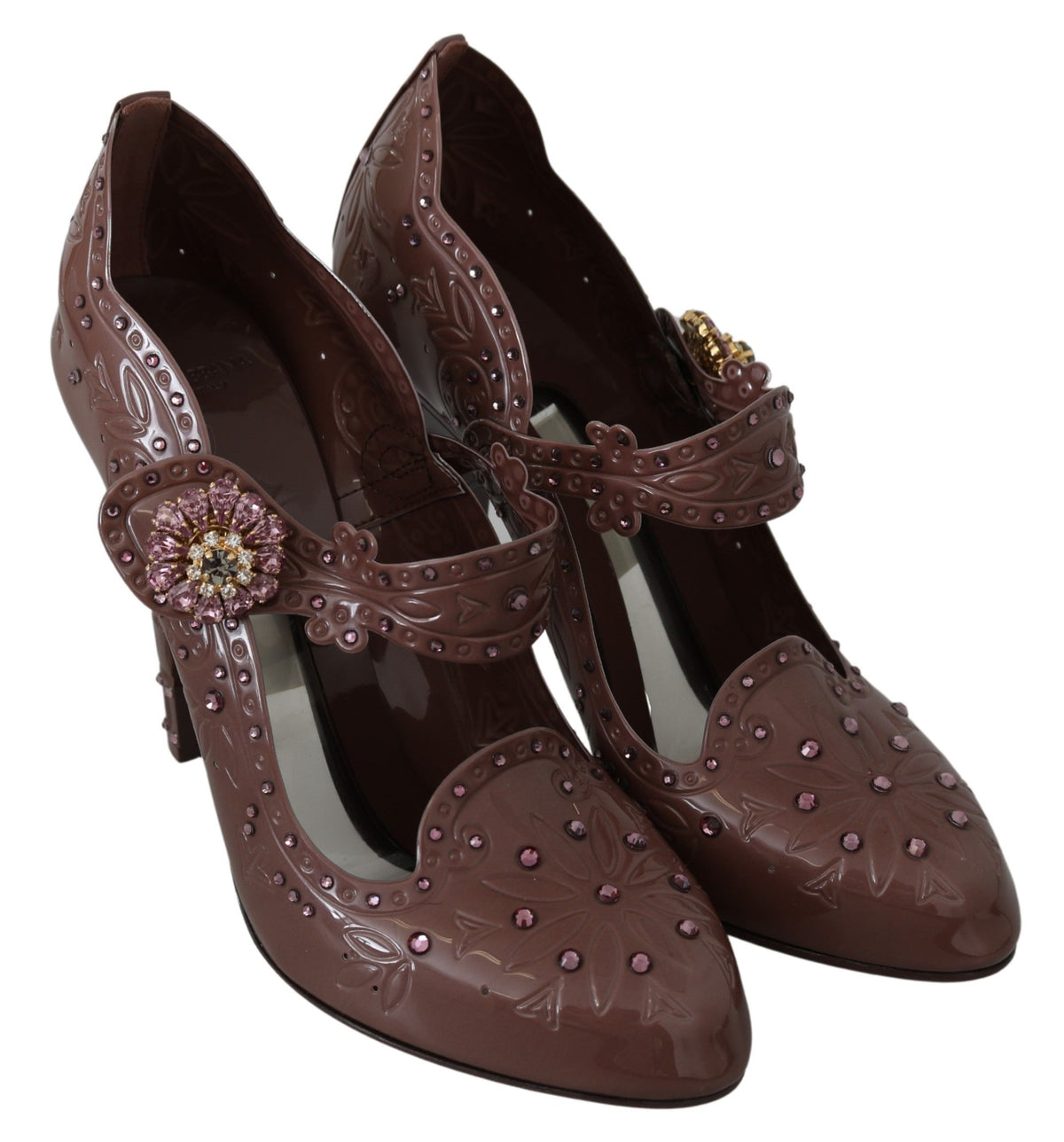 Escarpins CINDERELLA en cuir marron à fleurs et cristaux de Dolce &amp; Gabbana