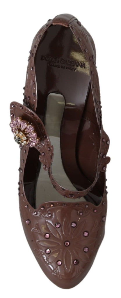 Escarpins CINDERELLA en cuir marron à fleurs et cristaux de Dolce & Gabbana